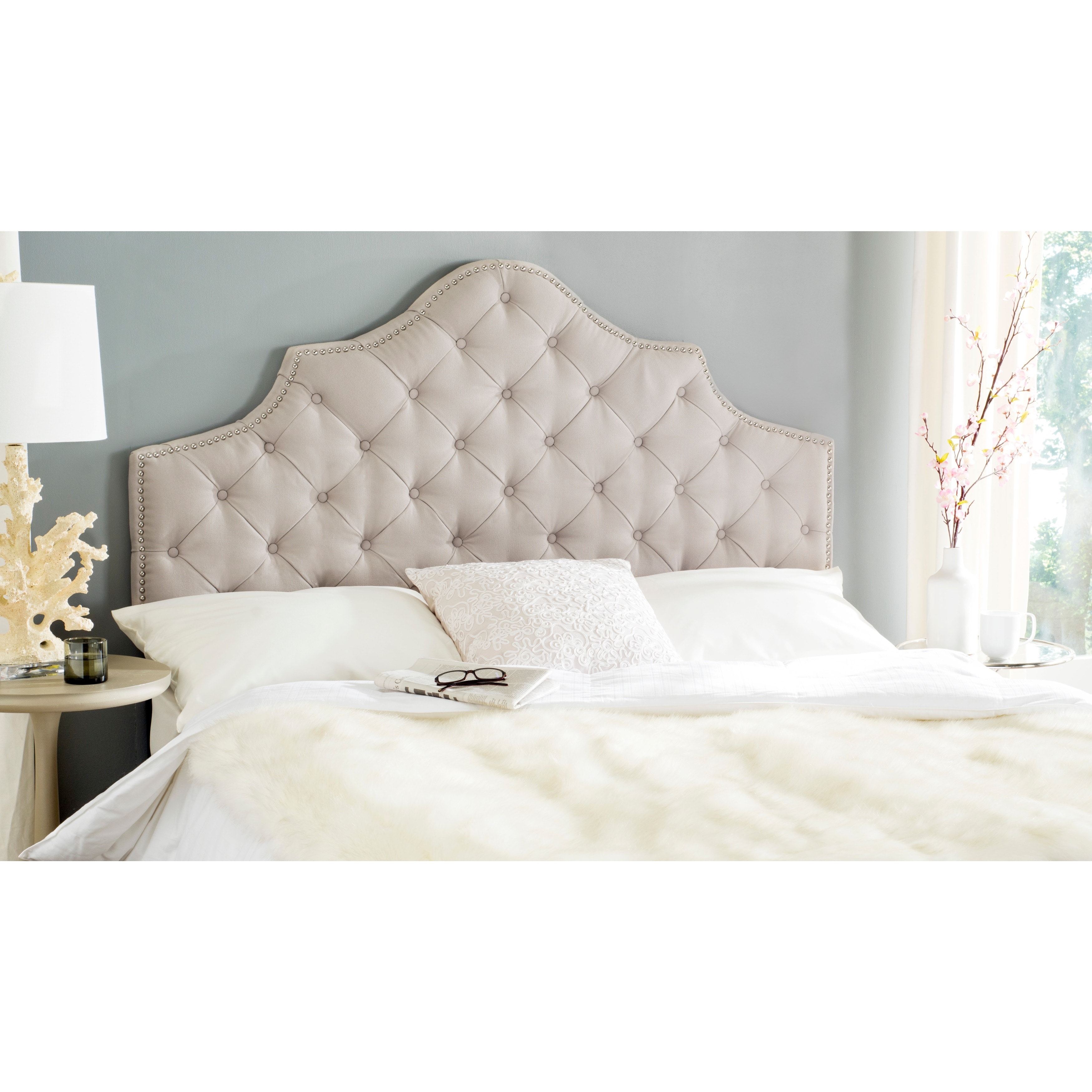 Taupe Linen Upholstered Tufted Headboard - Silver Nailhead (King