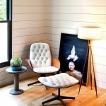 White Tufted Chair Added With Foot Rest Plus Small Round Table And Standing  Lamp