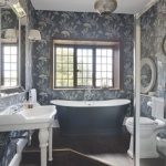 luxury bathroom with dark blue coral wallpaper and dark blue freestanding  bath Luxury Bathrooms, Country