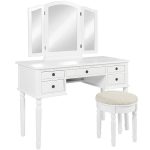 Makeup Cosmetic Beauty Vanity Hair Dressing Table Set w/Tri-Folding  Mirror, Upholstered Stool Seat, 5 Drawer Storage Organizers - White: Home &  Kitchen
