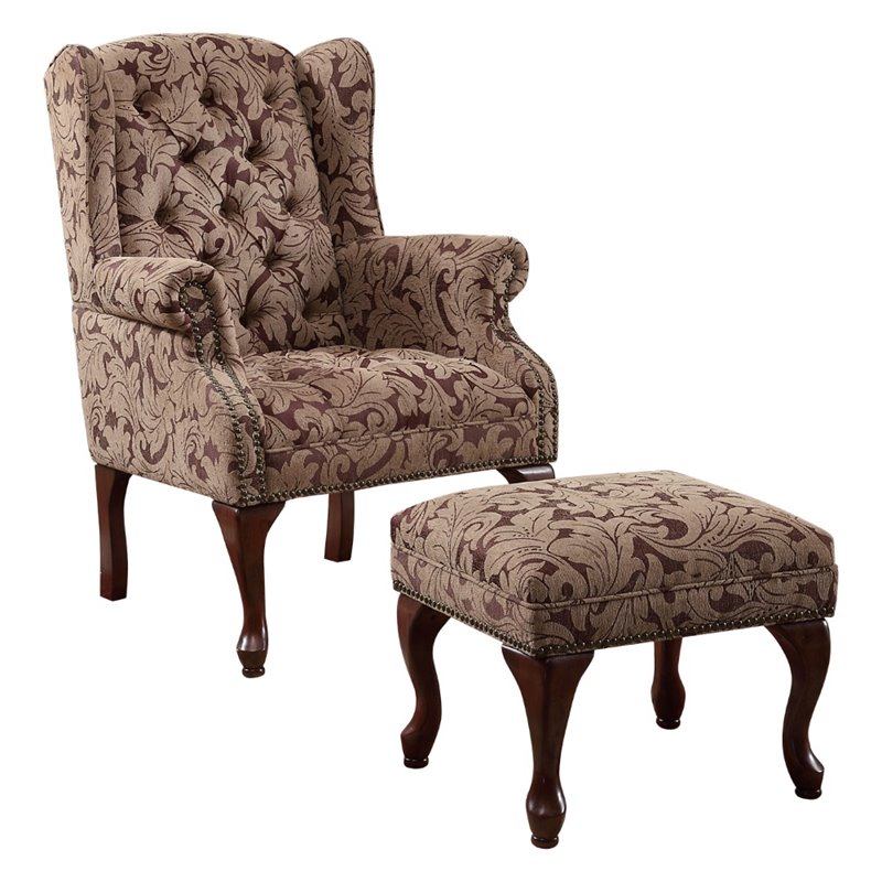 Coaster Queen Anne Button Tufted Wing Accent Chair with Ottoman in Chenille  Fabric - 3932B